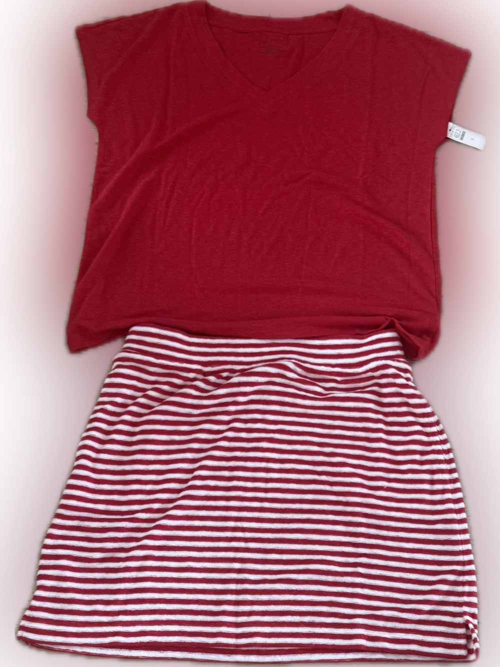 Talbots, NWTs Red V-Neck Top and Red-White Striped Skirt terry cloth sz Small